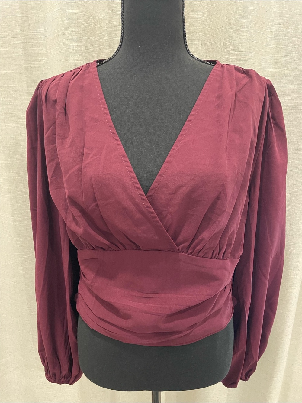 Women's Wrap V-Neck Long Sleeve Top - Burgundy